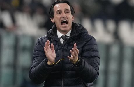 FILE - Villarreal's manager Unai Emery gestures during the Champions League, round of 16, second leg soccer match between Juventus and Villarreal at the Allianz stadium in Turin, Italy, March 16, 2022. Emery left his position as Villarreal coach on Monday Oct. 24, 2022 to take charge of Aston Villa, replacing the fired Steven Gerrard. (AP Photo/Antonio Calanni, File)