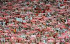 Poland soccer fans cheer before the Group A Euro 2012 soccer match against Russia at national stadium in Warsaw June 12, 2012.       REUTERS/Pawel Ulatowski (POLAND  - Tags: SPORT SOCCER)