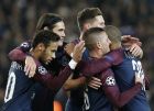 PSG's Marco Verratti, 2nd right, celebrates after scoring the opening goal with his teammates Kylian Mbappe, right, Julian Draxler, center, Edinson Cavani, 2nd left, and Neymar during a Champions League Group B soccer match between Paris Saint-Germain and Anderlecht at Parc des Princes stadium in Paris, France, Tuesday, Oct. 31, 2017. (AP Photo/Thibault Camus)