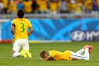 BELO HORIZONTE, BRAZIL - JUNE 28: Thiago Silva (L) and Neymar of Brazil react after defeating Chile in a penalty shootout during the 2014 FIFA World Cup Brazil round of 16 match between Brazil and Chile at Estadio Mineirao on June 28, 2014 in Belo Horizonte, Brazil.  (Photo by Ronald Martinez/Getty Images)