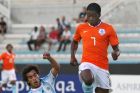 Netherlands' Jeffrey Sarpong, right, challenges for the ball with Argentina's Santiago Gallucci, during their match in the Under-21 Toulon soccer tournament, in Toulon, southern France, Wednesday, June 3, 2009. (AP Photo/Claude Paris)