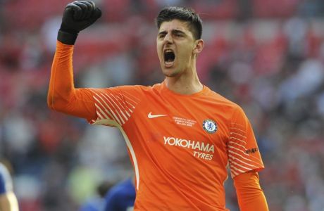 Chelsea's Thibaut Courtois celebrates after winning the English FA Cup final soccer match between Chelsea v Manchester United at Wembley stadium in London, England, Saturday, May 19, 2018. (AP Photo/Rui Vieira)