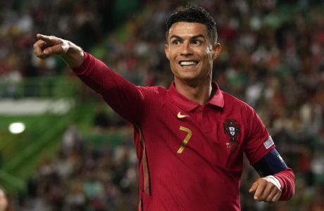 Portugal's Cristiano Ronaldo gestures during the UEFA Nations League soccer match between Portugal and Switzerland, at the Jose Alvalade Stadium in Lisbon, Portugal, Sunday, June 5, 2022. (AP Photo/Armando Franca)