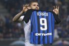 Inter Milan's Mauro Icardi shows his jersey to fans as he celebrates after scoring his side's 3rd goal during the Serie A soccer match between Inter Milan and AC Milan, at the Milan San Siro Stadium, Italy, Sunday, Oct. 15, 2017. (AP Photo/Antonio Calanni)