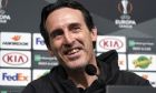 Arsenal's headcoach Unai Emery smiles a she answers journalists' questions during a press conference prior to Thursday's Europa League round of sixteen, 1st leg soccer match, between Rennes and Arsenal, Wednesday, March 6, 2019, in Rennes, western France. (AP Photo/David Vincent)