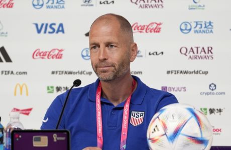 Head coach Gregg Berhalter of the United States attends a press conference on the eve of the round of 16 World Cup soccer match between the Netherlands and the United States at Kalifa International Stadium, in Doha, Qatar, Friday, Dec. 2, 2022. (AP Photo/Ashley Landis)