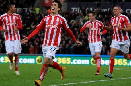 Stoke's Bojan Krkic during the English Premier League soccer match between Stoke City and Arsenal at the Britannia Stadium, in Stoke on Trent, England, Saturday, Dec. 6, 2014. (AP Photo/Rui Vieira)
