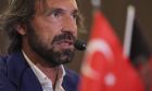 Turkish soccer team Fatih Karagumruk SK's new signing coach Andrea Pirlo talks to journalists in a news conference during an official presentation in Istanbul, Turkey, Monday, June 13, 2022. The former Italian international player has signed a one-year contract with the Istanbul-based team. (AP Photo)