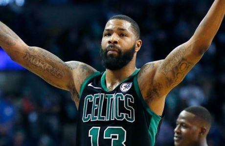 Boston Celtics' Marcus Morris reacts after being ejected during the fourth quarter of an NBA basketball game against the Toronto Raptors in Boston, Saturday, March 31, 2018. The Celtics won 110-99. (AP Photo/Michael Dwyer)