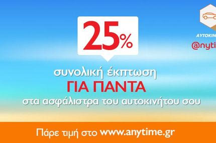 Μοναδική προσφορά από την Anytime: Έκπτωση 25% στα ασφάλιστρα αυτοκινήτου!
