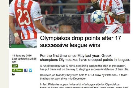 Θέμα στο BBC η απώλεια βαθμών του Ολυμπιακού