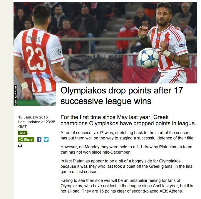 Θέμα στο BBC η απώλεια βαθμών του Ολυμπιακού