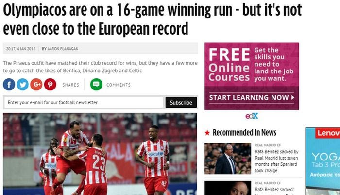 Η Mirror για το σερί του Ολυμπιακού και το “απόλυτο ρεκόρ”