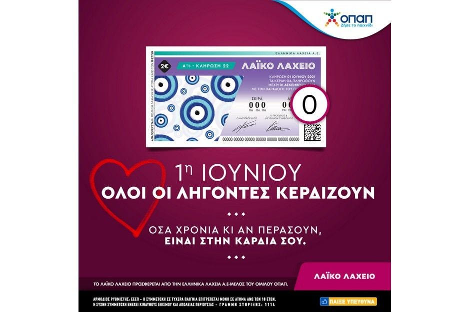 Λαϊκό Λαχείο: «Όλοι οι λήγοντες κερδίζουν» την Τρίτη 1η Ιουνίου –  Σίγουρα κέρδη 5 ευρώ για κάθε πεντάδα