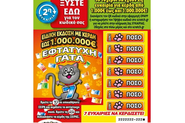 Δεύτερη ευκαιρία για κέρδη έως και 1.000.000 ευρώ από τα νέα ΣΚΡΑΤΣ «ΕΦΤΑΤΥΧΗ ΓΑΤΑ» –  50 τυχεροί θα συμμετάσχουν σε ειδική κλήρωση