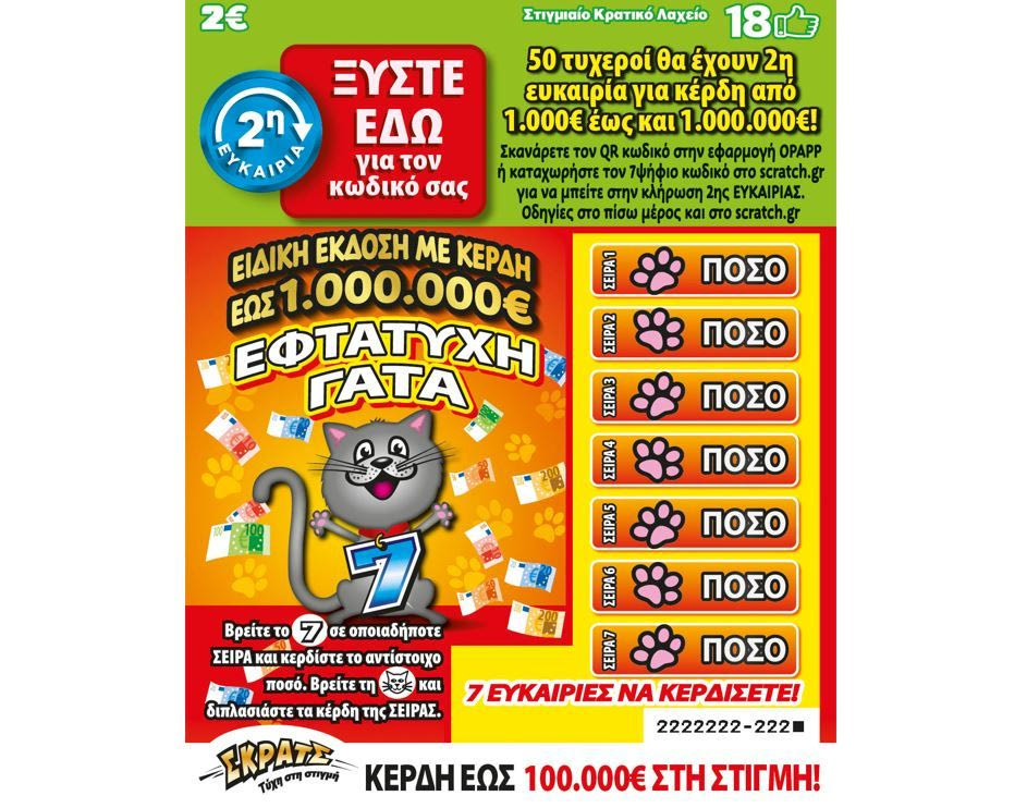 Δεύτερη ευκαιρία για κέρδη έως και 1.000.000 ευρώ από τα νέα ΣΚΡΑΤΣ «ΕΦΤΑΤΥΧΗ ΓΑΤΑ» –  50 τυχεροί θα συμμετάσχουν σε ειδική κλήρωση